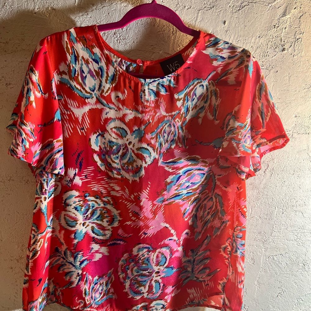 W5 Red Boxy Blouse with Floral Print